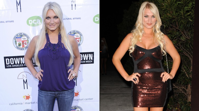 Brooke Hogan posing in jeans and then in a sparkly minidress.