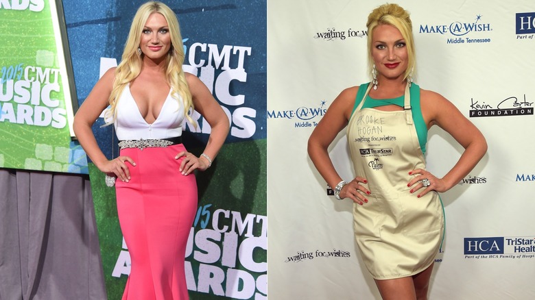 Brooke Hogan in an apron on the red carpet and also in a pink maxi skirt.