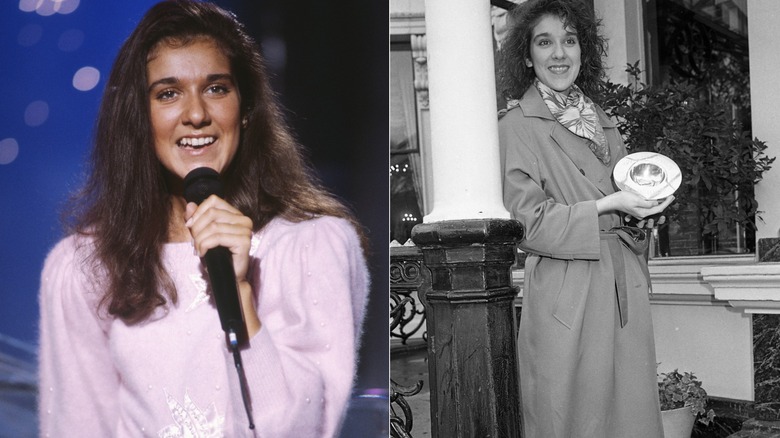 Side by side images of Céline Dion performing on "Champs Elysees" and posing in Dublin after winning the Eurovision song contest.