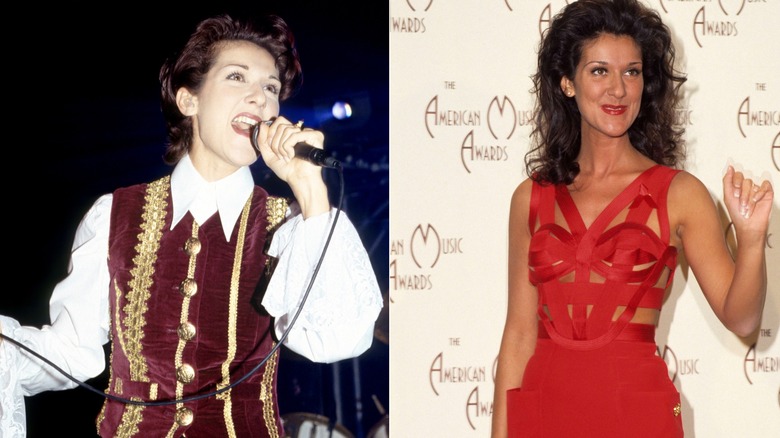 Side by side images of Celine Dion singing with short hair in 1990 and posting at the American Music Awards in a red edgy dress in 1993.