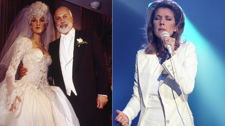 Side by side of Céline Dion during her wedding with René Angelil, and then performing in a white suit on stage.