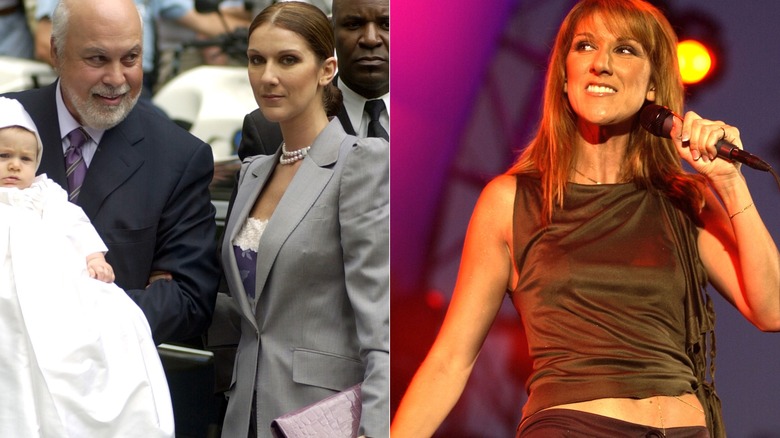 Side by side image of Celine Dion in a gray suit at her son's christening in 2001 and then peforming in 2002 in low-rise pants.