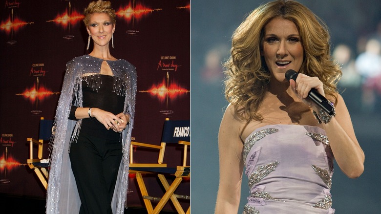 Side by side image of Céline Dion at the press conference for her Vegas residency wearing a fringe cape with a pixie cut and then wearing a strapless tight dress with voluminous hair.