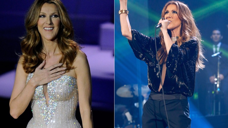 Side by side image of Céline Dion wearing glitzy tight dress on stage and then wearing looser black sequined top and pants while performing in France.