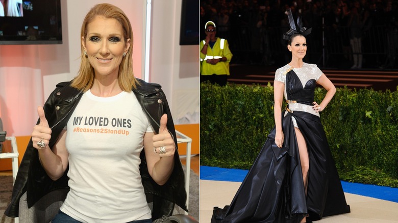 Side by side image of Céline Dion wearing a StandUp2Cancer shirt and leather jacket, and then posing at the 2017 Met Gala.