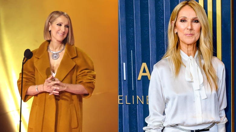 Side by side of Céline Dion at the Grammys with blunt lob and then at the screening for "I am Celine" in long brushed out waves and white monochrome outfit.