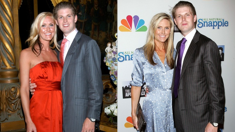 Side-by-side of Lara Trump in a red cocktail dress and a striped shirt dress.