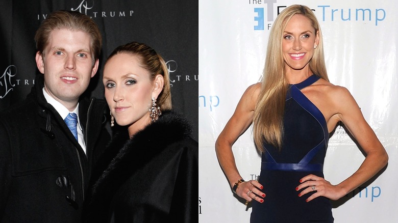 Side-by-side of Lara Trump in a fur-lined cape and a black dress with blue straps.