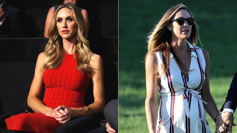 Side-by-side of Lara Trump in a ribbed red sheath dress and a striped wrap dress.