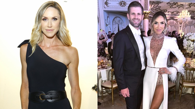 Side-by-side of Lara Trump in a black jumpsuit and a revealing white gown.