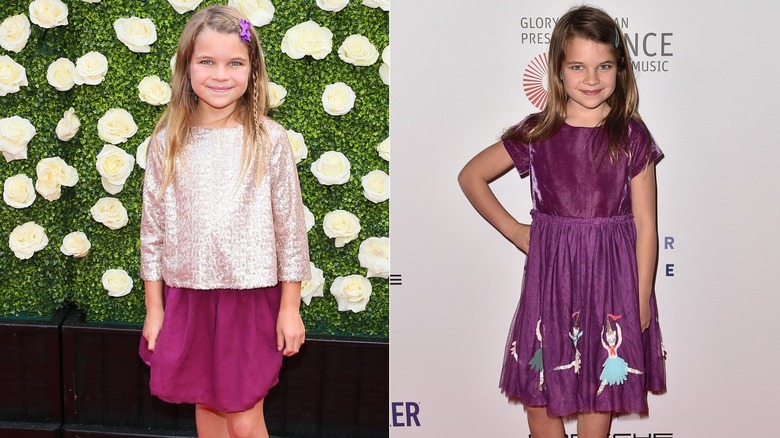 Raegan Revord wearing a purple dress in two photos