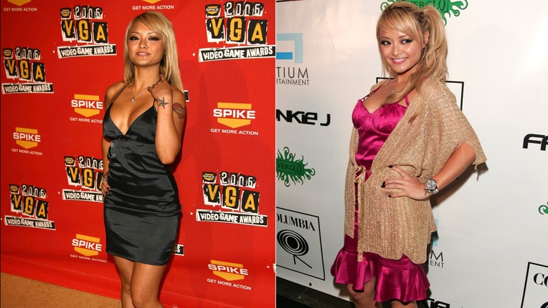 Tila Tequila in black dress on the 2006 Video Game Awards red carpet on the right and in a pink dress on the Frankie J album release party carpet on the right