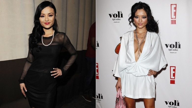 Tila Tequila wearing a black dress with a pearl necklace on the left and a short, white dress with layered necklaces on the right