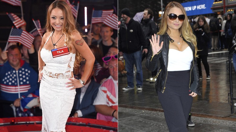 Tila Tequila wearing a white dress on the left and a black-and-white look with sunglasses on the right