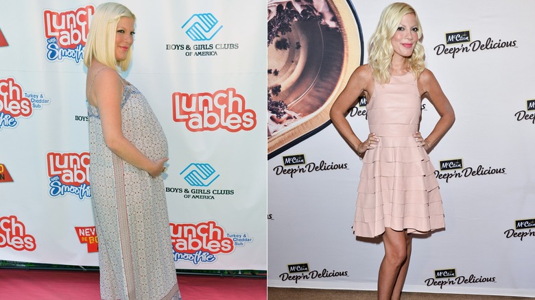 Tori Spelling with platinum-blond hair