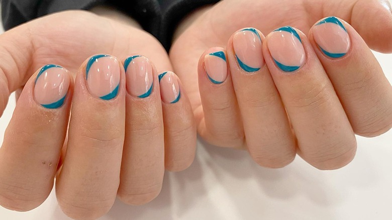 Teal blue corner French nails