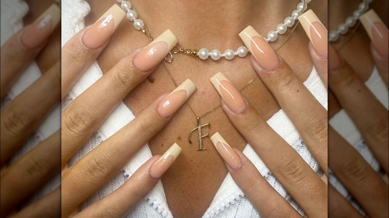 Long square-shaped creamy French tip nails