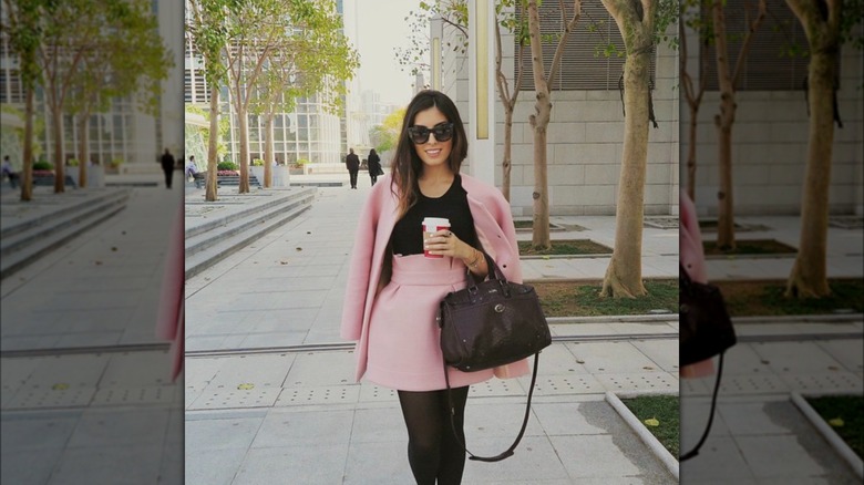 Woman in pink cupcake skirt and jacket