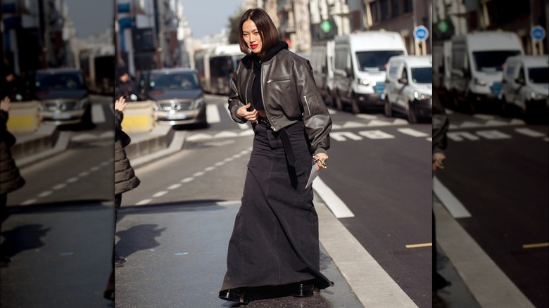 Tiffany Hsu wearing denim maxi skirt