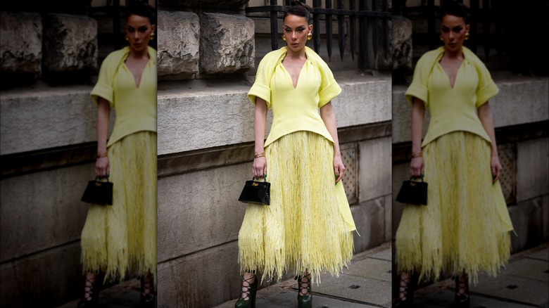 Yellow top with fringed maxi skirt