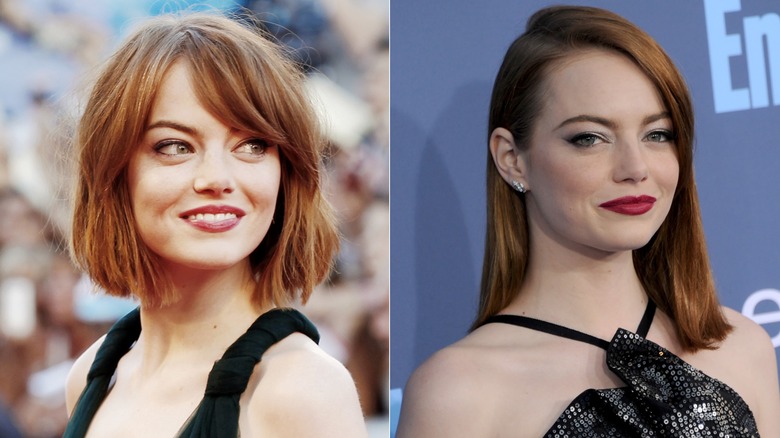 Emma Stone rocking a bob haircut in 2014 and 2016.