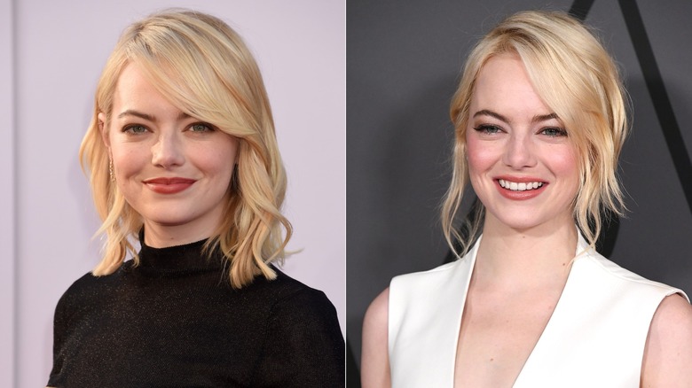 Emma Stone with platinum blond hair at red carpet events in 2017.