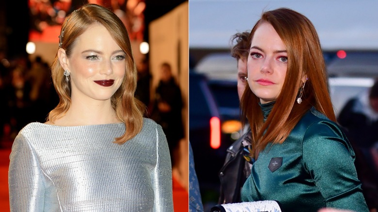 Emma Stone posing in 2018 and 2020 while rocking copper red hair.