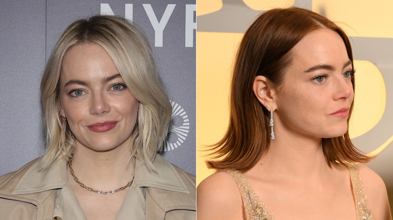 Emma Stone rocking a blond and copper bob in 2023.