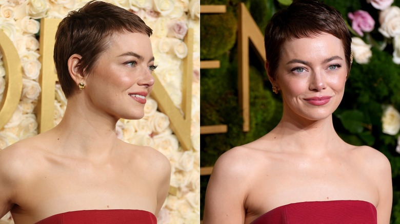 Emma Stone with a pixie haircut at the 2025 Golden Globe Awards.