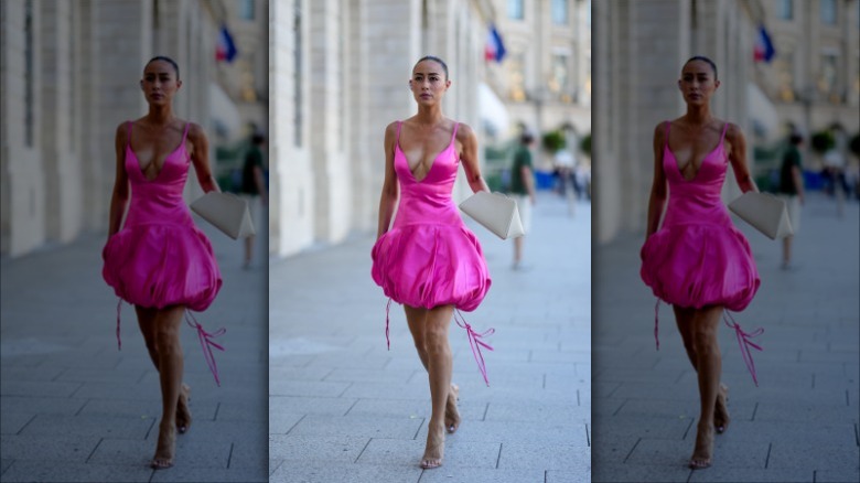 woman wearing pink bubble dress