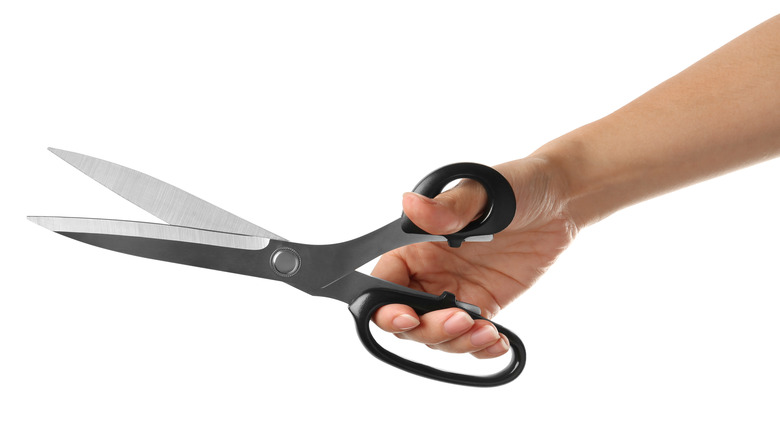 woman holding large pair of scissors