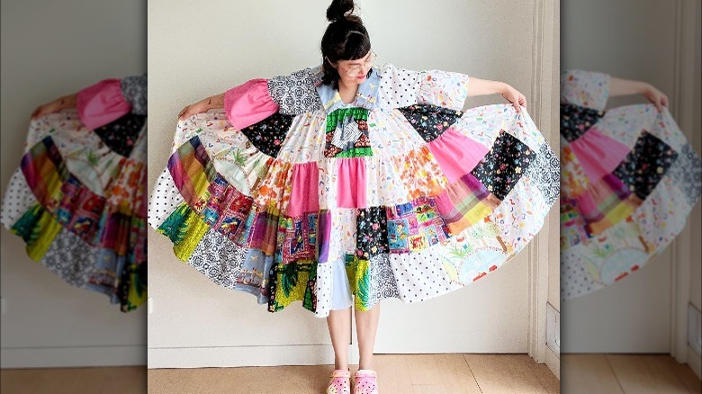 Influencer wears D.I.Y. patchwork dress