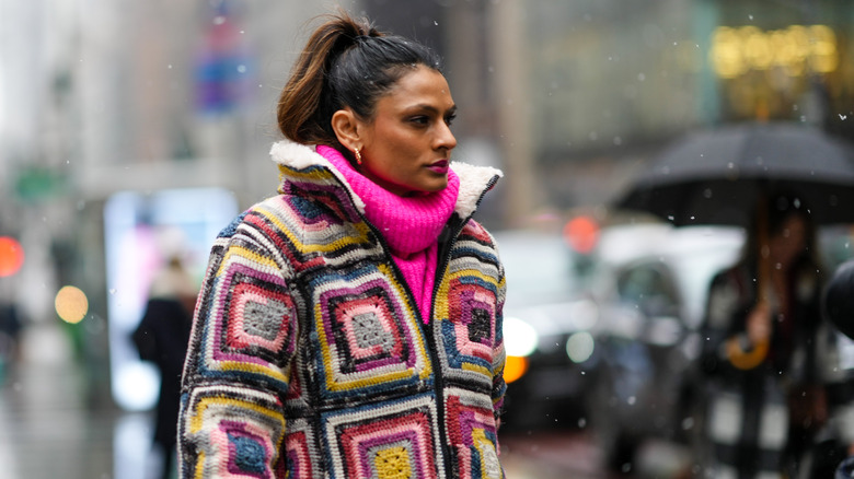 woman wearing a crochet jacket