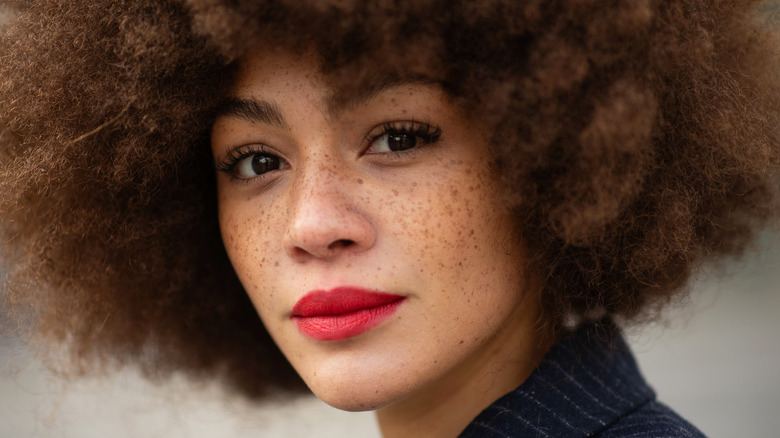 Red lipstick freckles natural makeup