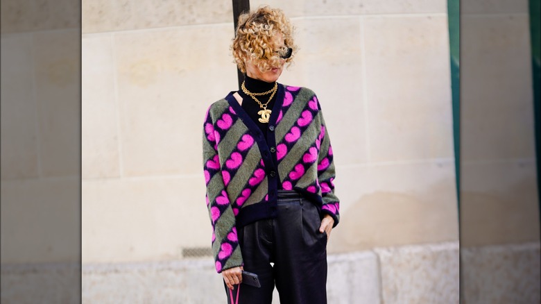 woman wearing printed cardigan