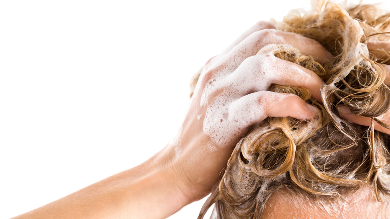 Woman shampooing hair