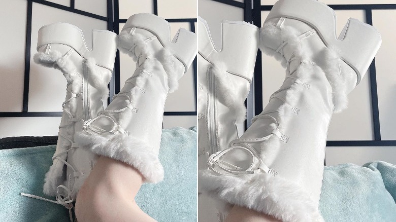 White fur-trimmed platform boots