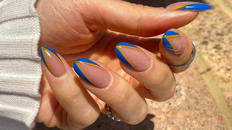 Blue and gold kitty cat French manicure