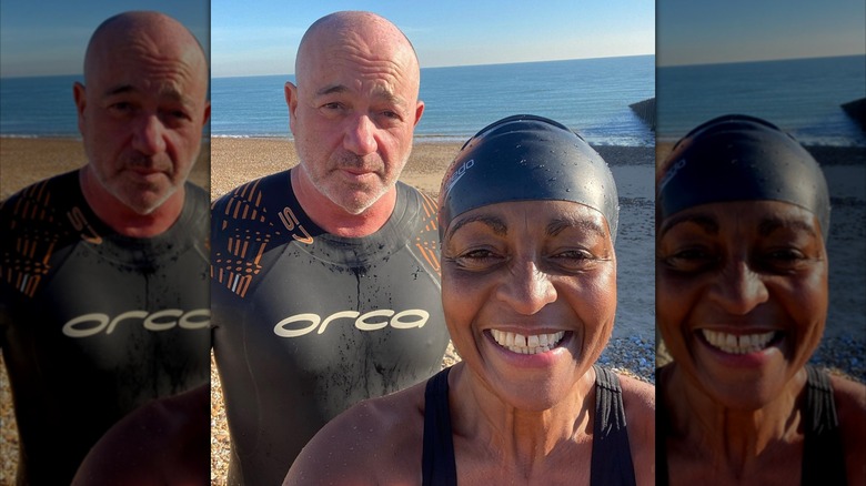 Adjoa Andoh with a swimming cap on the beach with her husband