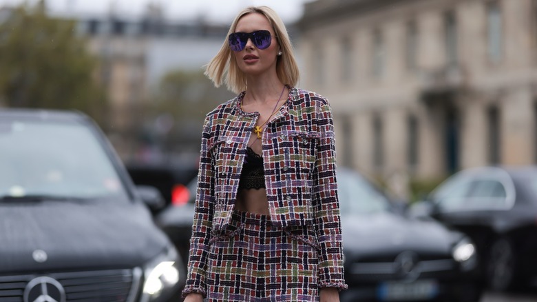 woman wearing tweed lady jacket