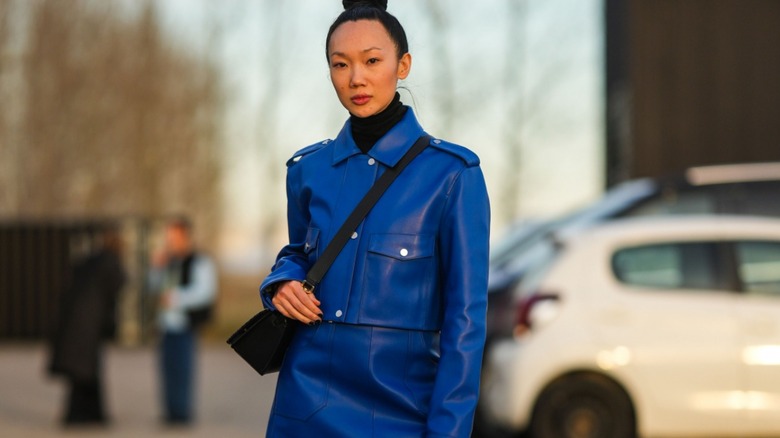 woman wearing leather lady jacket