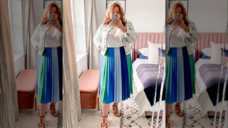 Woman in patchwork midi skirt