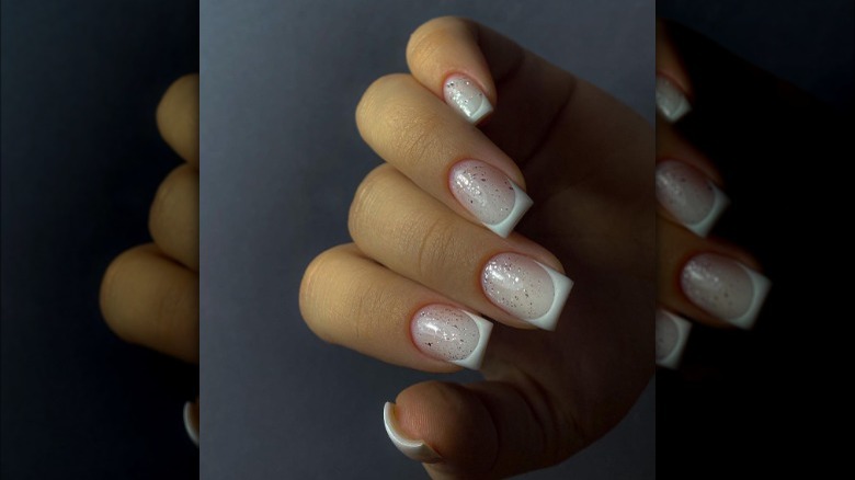 Milky French manicure with glitter