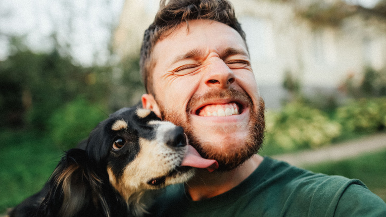 Smiling man getting licked by dog