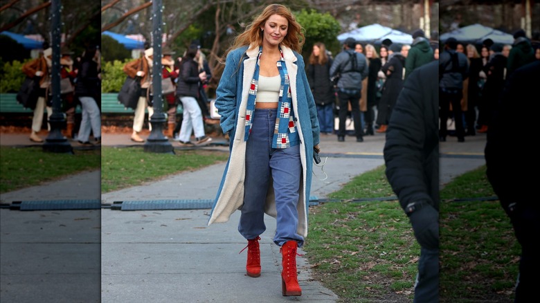 Blake Lively red boots patchwork