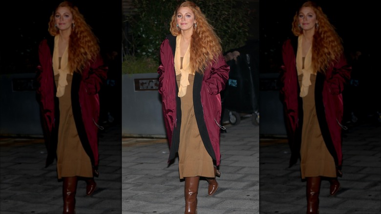 Blake Lively skirt maroon jacket