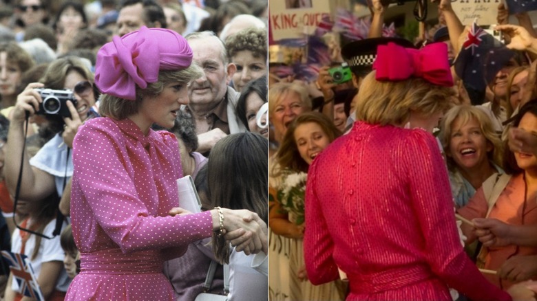 Princess Diana in real life and in The Crown hot pink outfit