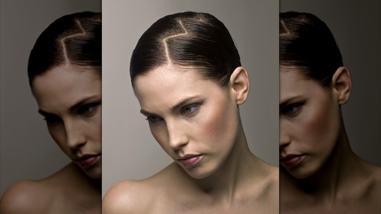 Woman with pixie cut and zigzag part