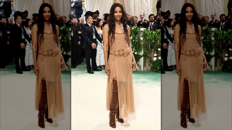 Zoe Saldaña wearing a taupe dress at the 2024 Met Gala.