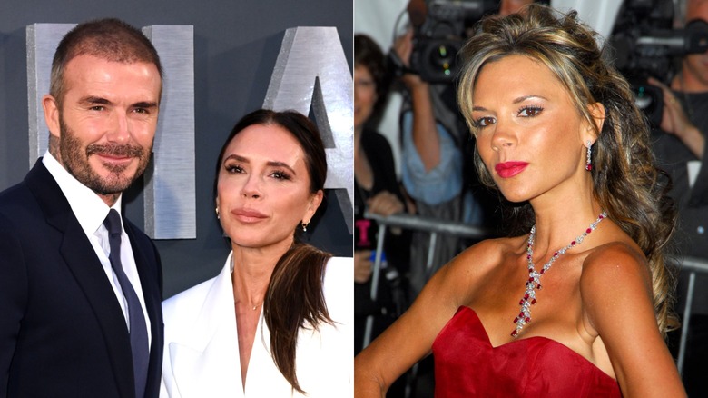 Side-by-side of David and Victoria Beckham on the red carpet, and Victoria Beckham wearing a diamond necklace at the 2006 Met Gala.